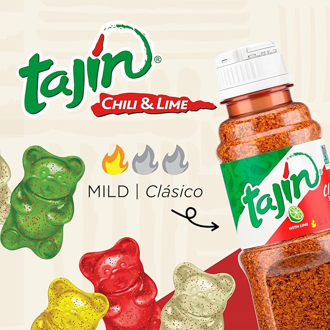 Snak Club Tajin Gummy Bears, Assorted Fruit Candy Gummies with Chili and Lime Seasoning, Mild, Gluten-Free and Vegan Snacks, 4 oz Resealable Bags, 6 Pack