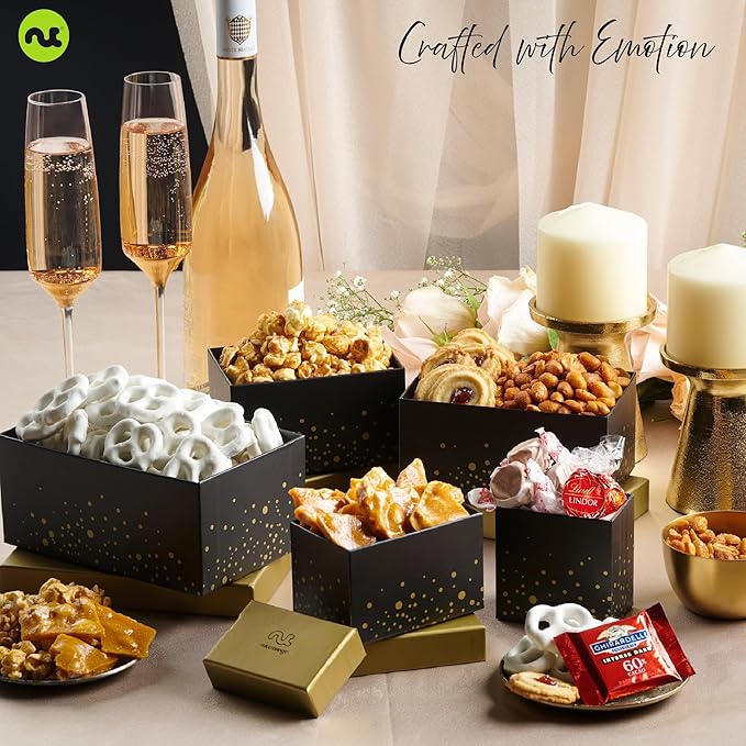 NUT CRAVINGS - Valentines Day Chocolate Covered Pretzels & Caramel Popcorn Gift Basket, Black Tower + Ribbon (8 Assortments) Sweet Treats Food Arrangement, Healthy Snack Care Package, Kosher