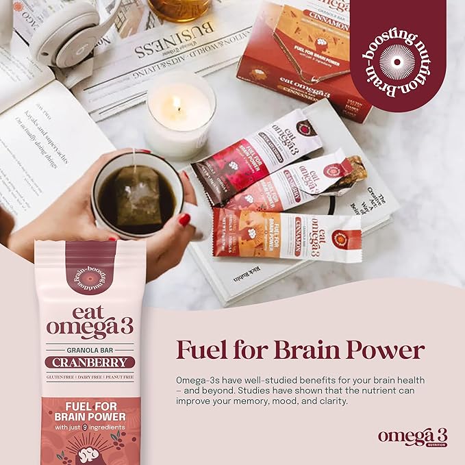 Eat Omega 3 Cranberry Granola Bar – Gluten-Free, Dairy-Free, Plant-Based Protein Snack with Omega-3 & Omega-6, Low Sugar, Non-GMO - 1.79oz, 12 Count