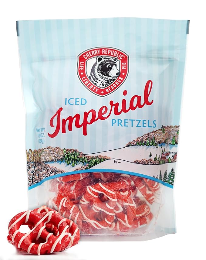 Cherry Republic Iced Imperial Pretzels Individual Bag, 10 oz - Crunchy Mini Pretzel Twists with Cherry-Flavored Glaze Coating & White Confectionery Drizzle, Sweet & Salty Snacks, Crafted in Michigan