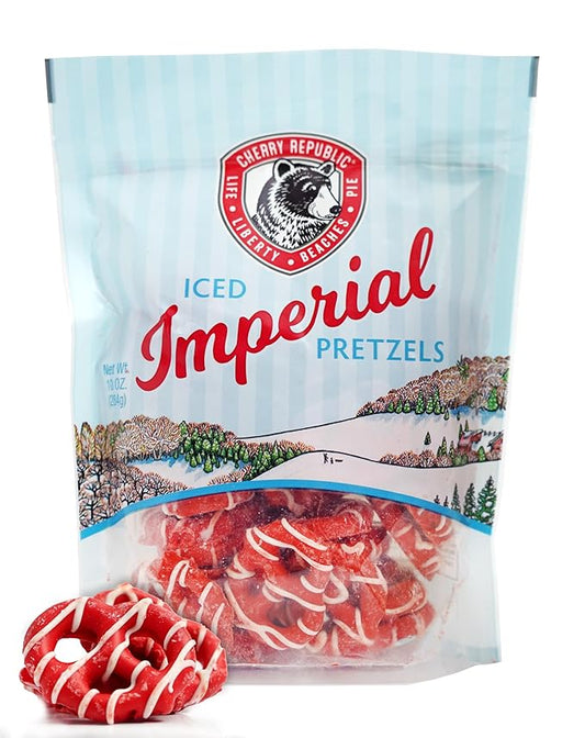 Cherry Republic Iced Imperial Pretzels Individual Bag, 10 oz - Crunchy Mini Pretzel Twists with Cherry-Flavored Glaze Coating & White Confectionery Drizzle, Sweet & Salty Snacks, Crafted in Michigan