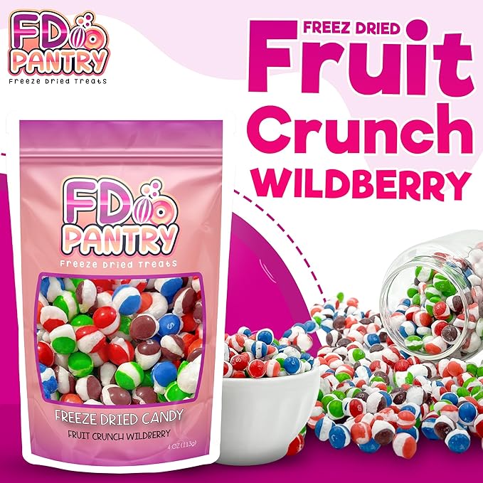 Freeze Dried Candy, Fruit Crunch Wildberry, 4 oz, Assorted Berry Punch, Melon, Strawberry, Cherry, Raspberry, Bag Pouch, Ideal Gift Snack