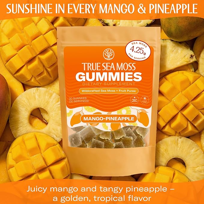 True Sea Moss Gummies – High Potency 4250mg Wildcrafted Irish Sea Moss Gel Extract + Mango Pineapple Flavor – With Coconut Sugar & Fruit Purée – 30 Gummies (30 Servings)