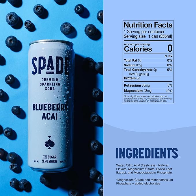 Spade Soda Blueberry Acai 12 Pack, Premium All-Natural, No Sugar, No Calories, Electrolytes, Magnesium, Potassium, Healthy Non GMO, Sweet Quality Stevia, No Artificial Sweeteners, Great Taste, Bold Taste