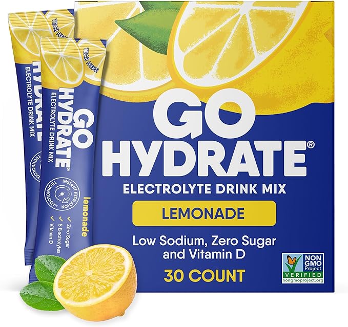GoHydrate Low Sodium Electrolytes Powder Packets Sugar Free - Instant Hydration Daily Drink Mix - Zero Sugar Water Flavor Packet Singles with Vitamin D - (Lemonade, 30 Packs)