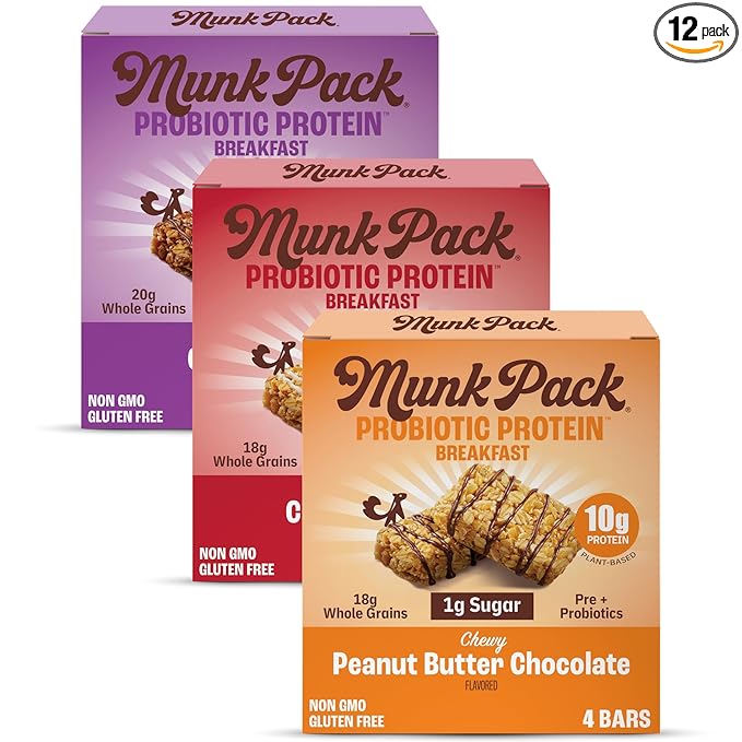 Munk Pack Variety Pack Probiotic Protein Bars | 10g Plant Protein, 1g Sugar, 6g Fiber |Diabetic-Friendly Ideal Breakfast Bars - On-the-Go Snacks, Gluten-Free, Non-GMO | 12 Count