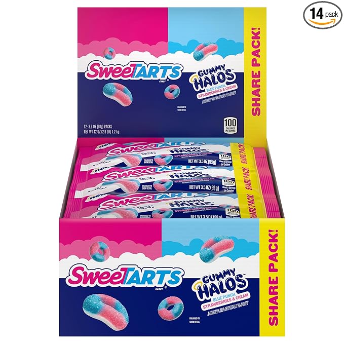 SweeTARTS Halos, Candy, Blue Punch and Strawberries and Cream, Tart and Chewy, Soft and Fluffy, 3.5 oz (12 count)