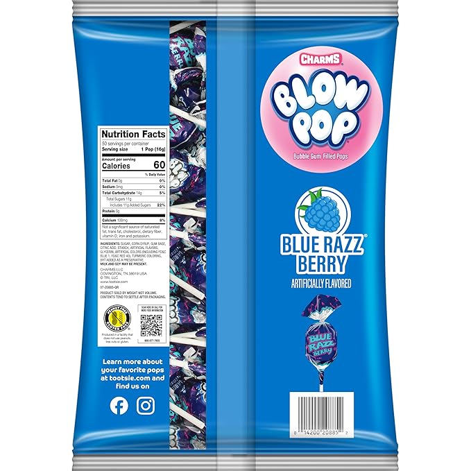 Charms Blow Pop Single Flavor Bag - Blue Raspberry Flavored Lollipops with a Bubble Gum Center - Individually Wrapped Hard Candy - Blue Candy - Peanut Free, Gluten Free, 50 Count (Pack of 1)