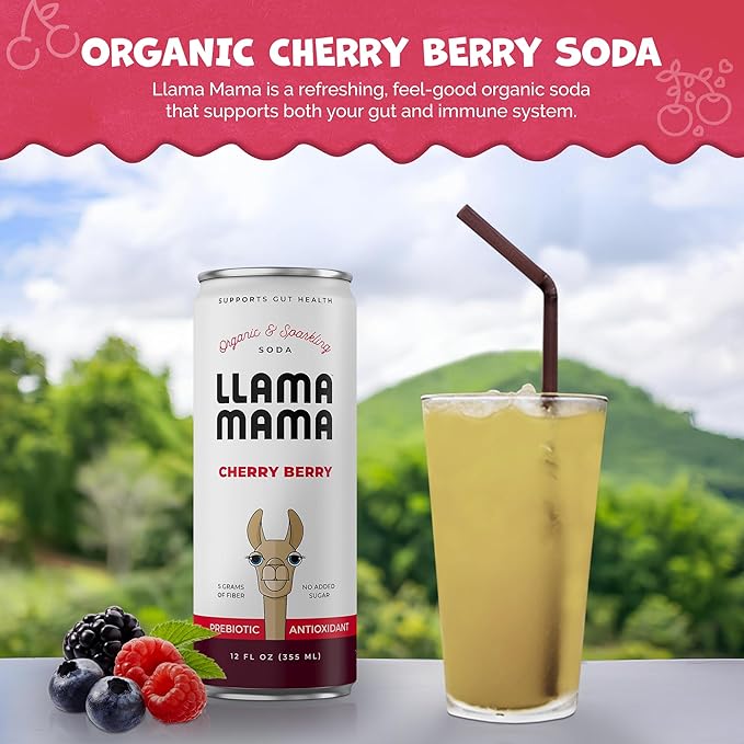 Llama Mama Cherry Berry Organic Sparkling Prebiotic Soda • Gut & Immune Support • High Vitamin C, Antioxidants • NO Sugar • NO Artificial Sweeteners • NO Stevia • Vegan Plant Fiber • 12 Pack