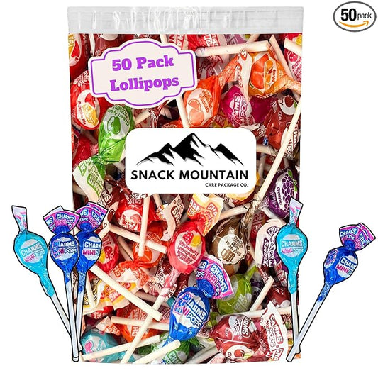 Snack Mountain Mini Lollipops Individually Wrapped, 50 Count Bulk Suckers, Bag of Lollipops in Assorted Fruity Flavors: Bubble Gum, Limeade, Cherry, Berry, Orange & More, Classic Suckers for Parties