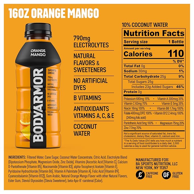 BODYARMOR Sports Drink, Orange Mango, Electrolyte Drink Hydration, 16 Fl Oz Bottles (12 Pack), Flavored Coconut Water with B Vitamins & Antioxidants