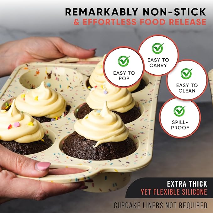 BAKE BOSS 2-Pack Confetti Jumbo Silicone Muffin Pans for Baking – 6-Cup Nonstick Silicone Cupcake Pan – Heavy-Duty Large Cupcake Pan, BPA-Free, Easy-Release, Oven & Dishwasher Safe