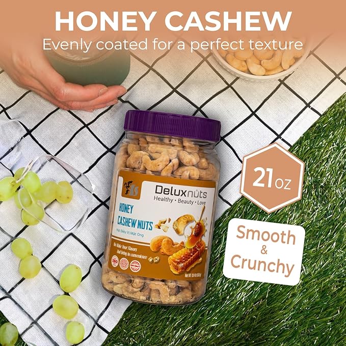 DELUXNUTS Premium Roasted Honey Cashew Crunch 21oz | Sweet Honey Roasted Cashews Gift, Whole Cashew Nuts Snack Mix, Healthy Gourmet Snack for Adults, High Protein, Gluten-Free, Premium Holiday Gift Idea