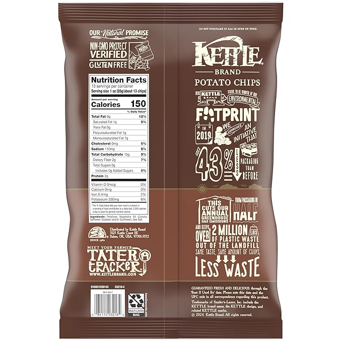 Kettle Brand Potato Chips, Sea Salt Kettle Chips, Party Size, 13 Oz (Pack of 2)