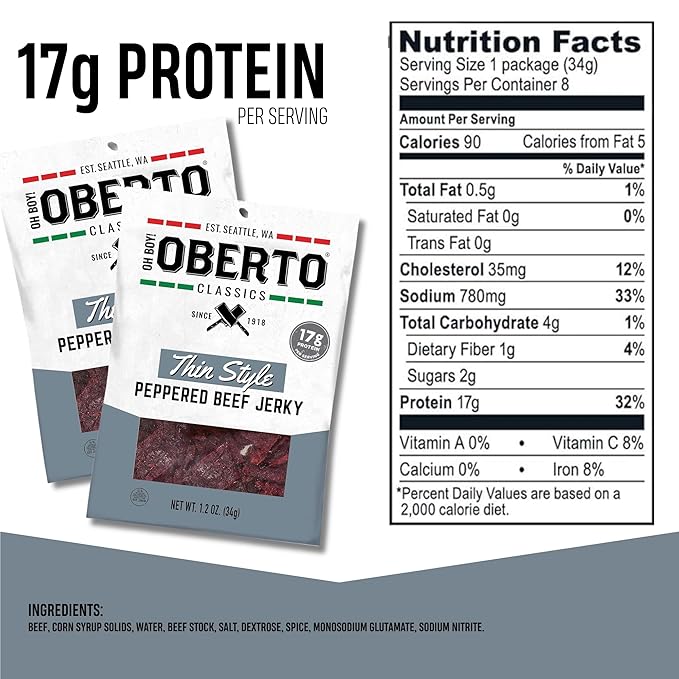 Oh Boy! Oberto Classics Thin Style Peppered Beef Jerky, 1.2 Ounce (Pack of 8)