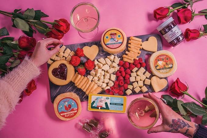 Cheese Bros "Love is Cheesy" Valentine Gift Box | Fresh from Wisconsin | Includes Goudas, Dill Havarti, Sharp Cheddar, Cherry Jam and Sea Salt Caramels | Valentine's Gift for Everyone