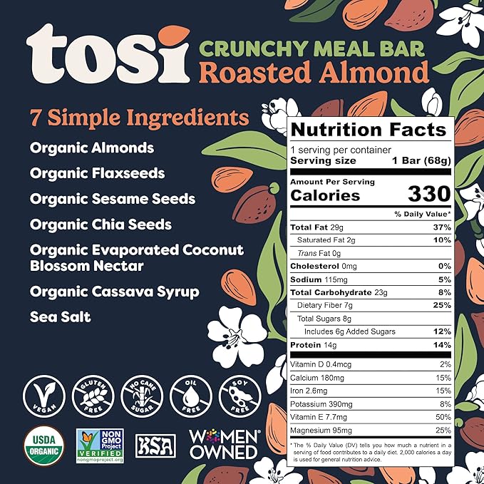 Tosi Meal Nut Bars, Almond, Healthy Snacks for Adults & Kids, Crunchy Plant Based Protein Bar (14G), Keto Snacks, Vegan, Gluten & Soy Free, Low Sugar, Omega 3s, 2.4oz, 12-Pack