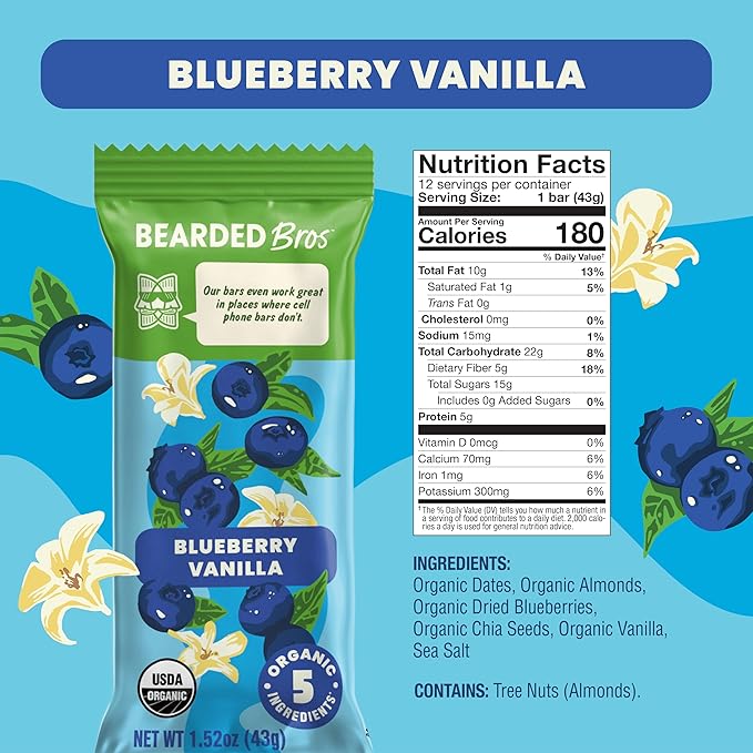 Bearded Brothers, Organic Vegan Protein Energy Bars, Blueberry Vanilla (12 Pack) - Gluten Free, Paleo, Fiber, Whole 30 | Non GMO Low Glycemic Snacks (Packaging May Vary)