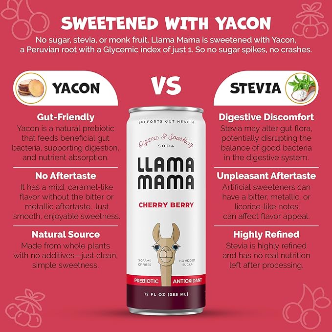 Llama Mama Cherry Berry Organic Sparkling Prebiotic Soda • Gut & Immune Support • High Vitamin C, Antioxidants • NO Sugar • NO Artificial Sweeteners • NO Stevia • Vegan Plant Fiber • 12 Pack