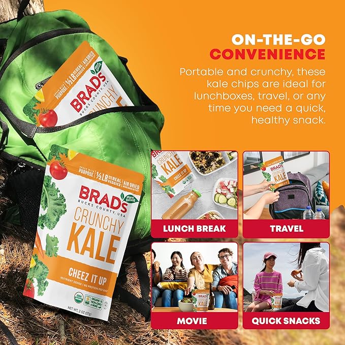 Brad’s Plant-Based - Organic Crunchy Kale Chips - Healthy Snack with Sea Salt - High in Plant-Based Protein & Fiber - Low Carb, Organic Veggie Chips - Cheez It Up - 2 Oz (Pack of 3)