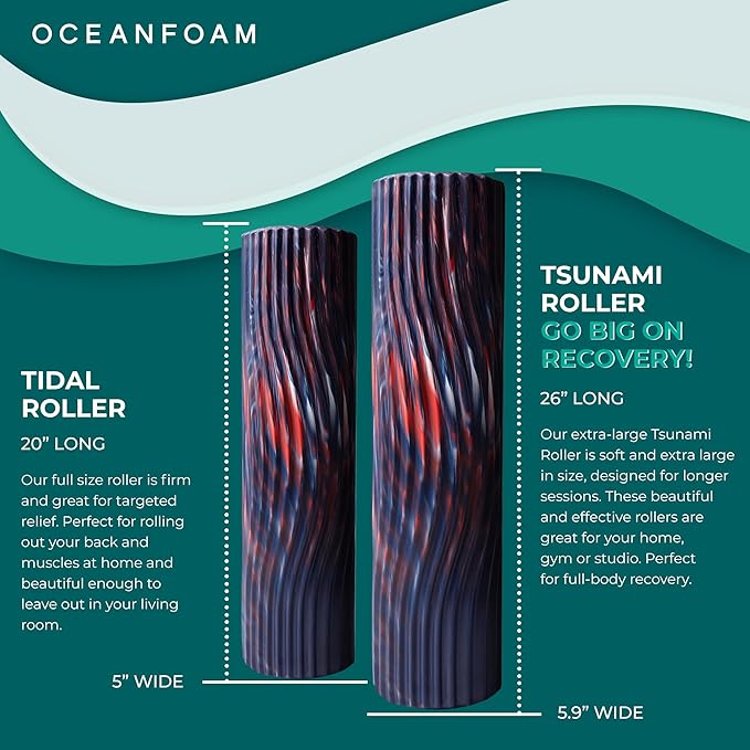 Oceanfoam Tsunami Roller (Dark Navy, Red & Natural Marbled) - Extra-Large, 26" x 5.9" - Soft, Textured Foam Roller for Physical Therapy, Back Pain, Exercise & Stretching - Yoga, Athletics, & Wellness