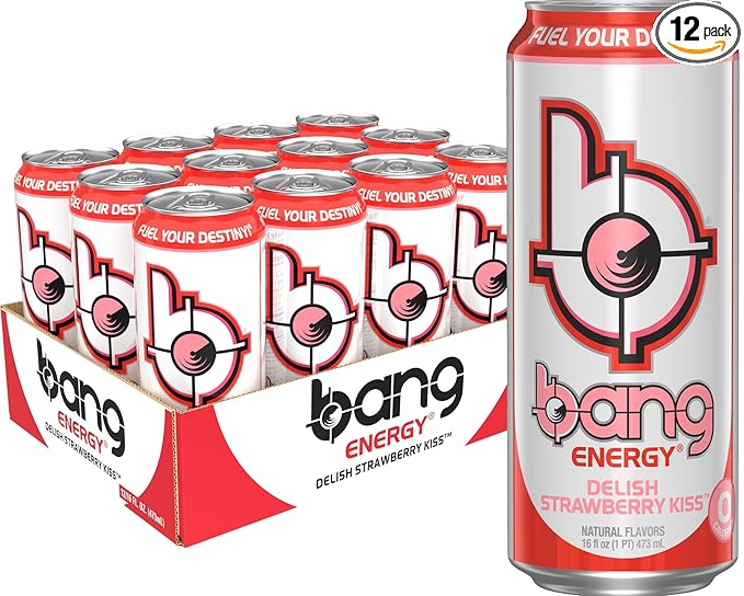Bang Energy Delish Strawberry Kiss, Sugar-Free Energy Drink, 16 Fl Oz | Pack of 12