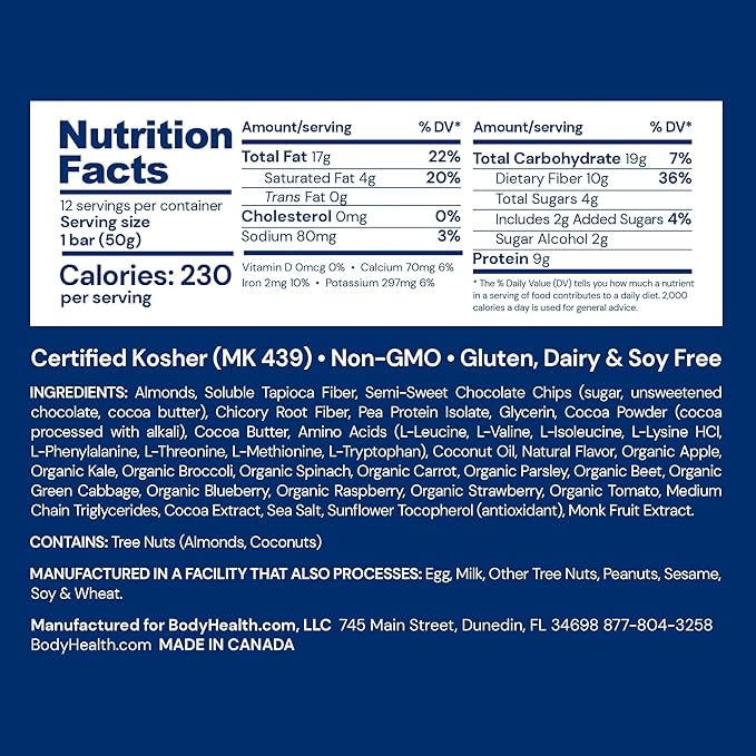 BodyHealth PerfectAmino Bar – Protein Energy Snack with 10g Protein, Plant-Based MCTs, Superfood Blend, Non-GMO, Gluten, Dairy & Soy Free (Brownie, 12 Pack)