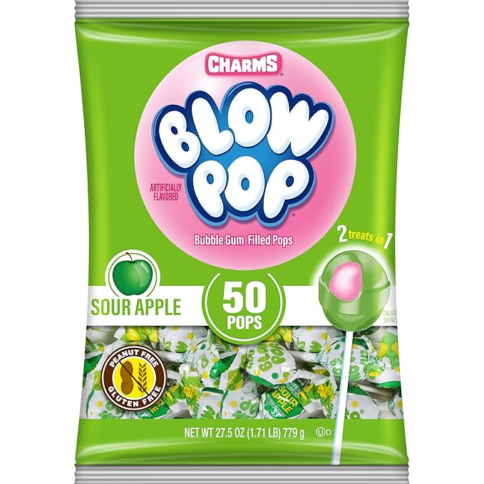 Charms Blow Pop Single Flavor Bag - Sour Apple Flavored Lollipops with a Bubble Gum Center - Individually Wrapped Hard Candy - Green Candy - Peanut Free, Gluten Free, 50 Count (Pack of 1)