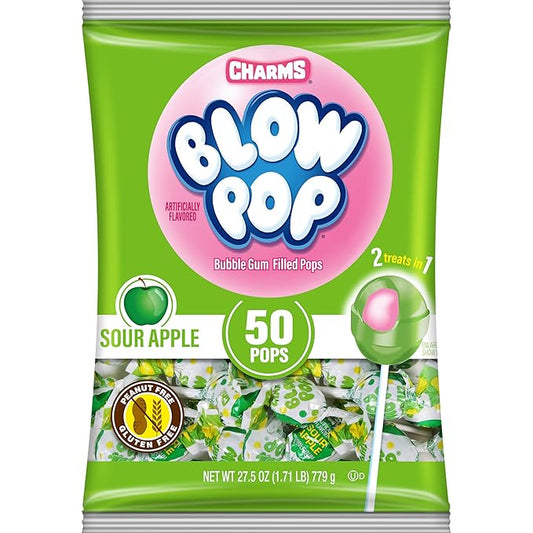 Charms Blow Pop Single Flavor Bag - Sour Apple Flavored Lollipops with a Bubble Gum Center - Individually Wrapped Hard Candy - Green Candy - Peanut Free, Gluten Free, 50 Count (Pack of 1)