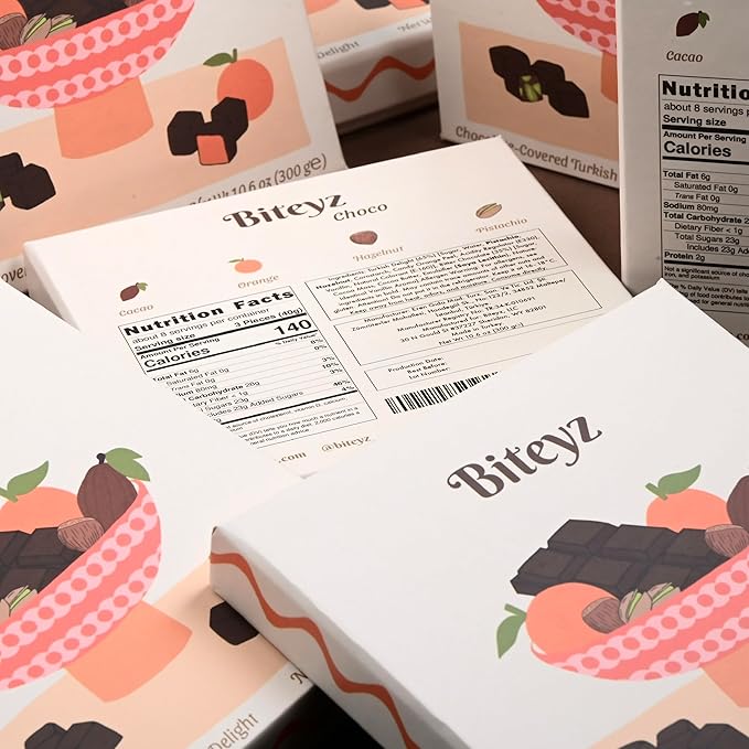 Biteyz Choco Turkish Delight, Vegan Candy Gift Box - Chocolate-Covered Assorted Treats with Orange, Pistachio, and Hazelnut, 25 Pieces of Gourmet Handmade Vegan Snacks