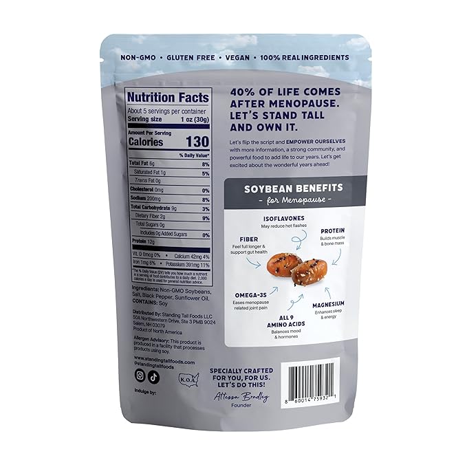 Standing Tall Roasted Soybean Snack, Salt & Pepper Flavor – Crunchy High-Protein Soybeans, 12g protein, 2g fiber, 0g sugar, Plant-Based Vegan Snack, Gluten-Free, Non-GMO, 3 Count Multi-Pack