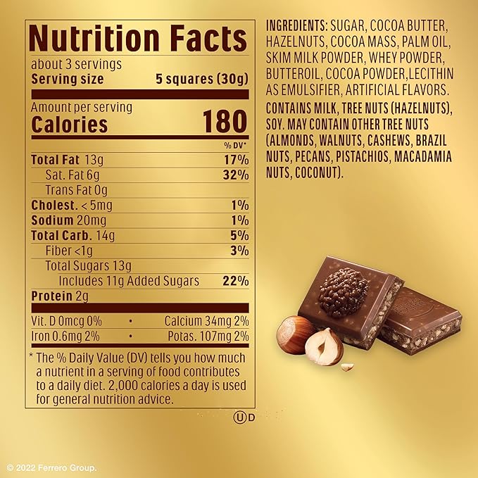 Ferrero Rocher Milk Chocolate Hazelnut Bar, with Cocoa Filling , Valentine's Day Chocolate Gift, 3.1oz