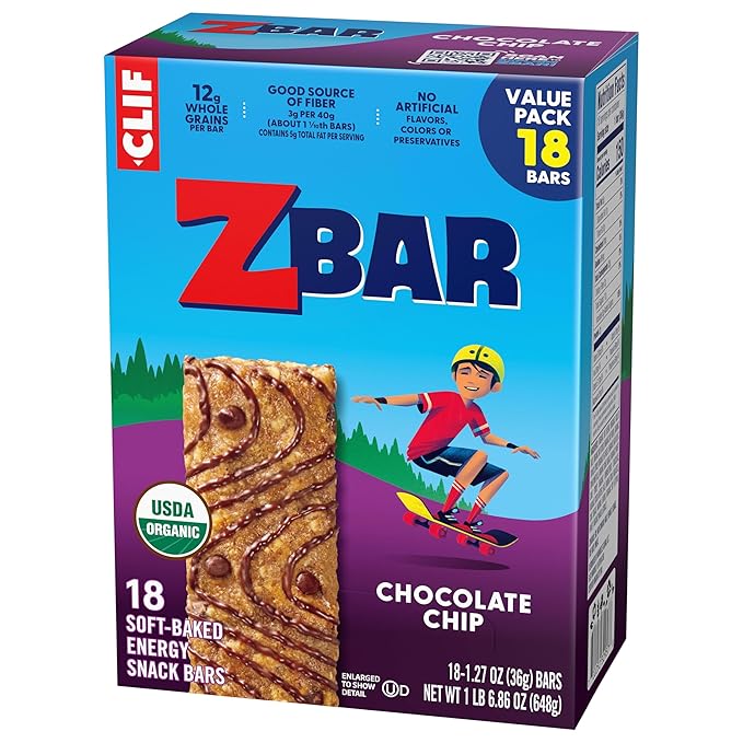 Zbar - Chocolate Chip - Soft-Baked Energy Snack Bars - Non-GMO - 12g Whole Grains - USDA Organic Granola Bars (18 Pack)