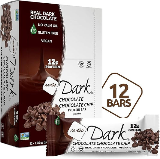 NuGo Dark Chocolate Chip, 12g Protein Bar, Vegan, Gluten Free, Kosher Pareve, 12 Count