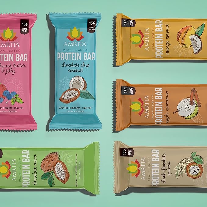 Amrita Nut Free 6 Flavor Variety Vegan Protein Bars | 11g to 12g Plant-Based Protein Bar | Peanut Free, Gluten Free, and Dairy Free | Low Sugar, High Fiber, Healthy School-Safe Snacks