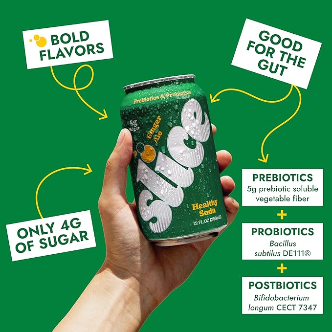 Slice Healthy Soda, Ginger Ale, Prebiotic & Probiotic Soda Pop, 5g Fiber, 35 calories, 12 fl oz 12 Pack