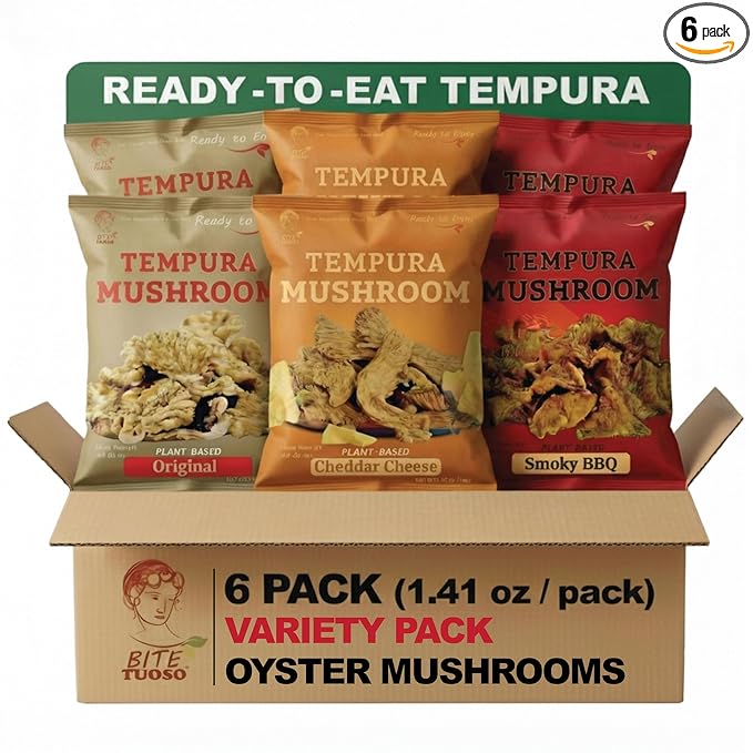 BITETUOSO Tempura Oyster Mushrooms – Ready-to-Eat Crispy Snack, Variety Pack for Kids & Adults – Gourmet Plant-Based Snack Chips in Original, BBQ, and Cheddar Cheese Flavors (1.41 oz, 6-Pack)