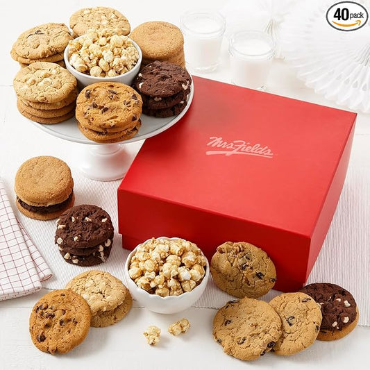 Mrs. Fields Crimson Deluxe Combo Box - Assorted with 38 Original Sized Cookies and 2 Bags Toffee Nut Popcorn (40 Count)