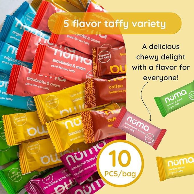 Numa Foods Nutritious Chewy & Creamy Candy Variety Pack - Low Sugar, All-Natural, Gluten Free, High Protein - 5 Bags of 10 Individually Wrapped Chews Each of Vanilla Banana Strawberry Coconut Coffee