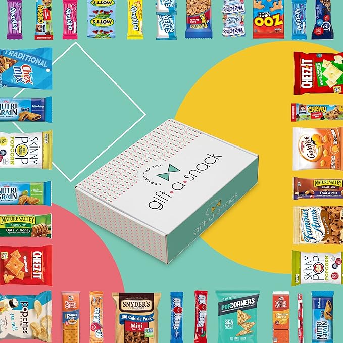 Gift A Snack - Christmas Candy Stocking Stuffers, Pre-filled Holiday Snack Box Care Package + Greeting Card (45 Count) Sweet Treats Gift Basket, Candies Chips Office Food Assortments