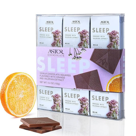 Astor Chocolate Sleep Milk Chocolate Orange Valerian Extract Squares Gift, Chocolate Lovers Mini Bar Box, 18pc Individually Wrapped Chocolate Basket, 0.33oz Each Minibar Gourmet, Candy Holiday Bars
