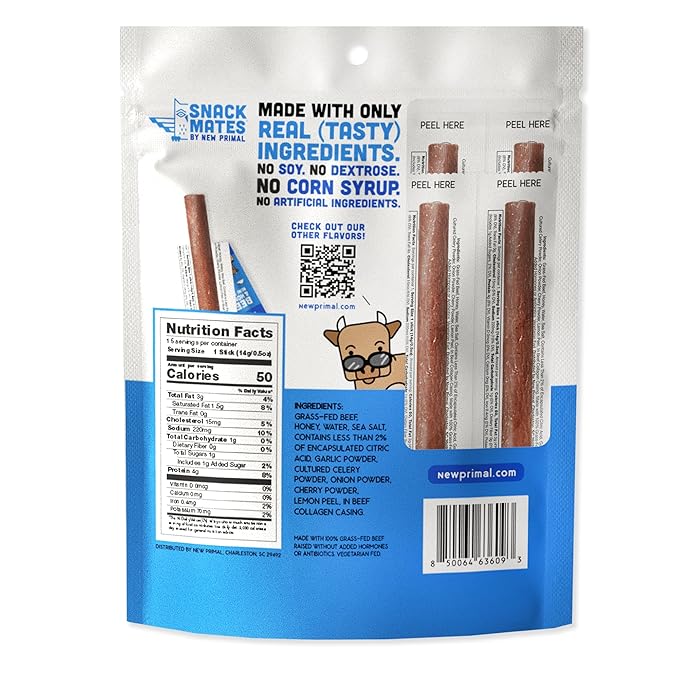 New Primal Snack Mates Beef & Honey Sticks, Healthy Snacks for Kids, Low Sugar High Protein Back to School Snacks, Gluten Free, Mini Jerky Meat Stick, 4g Protein, 50 Calories, 15 Pack