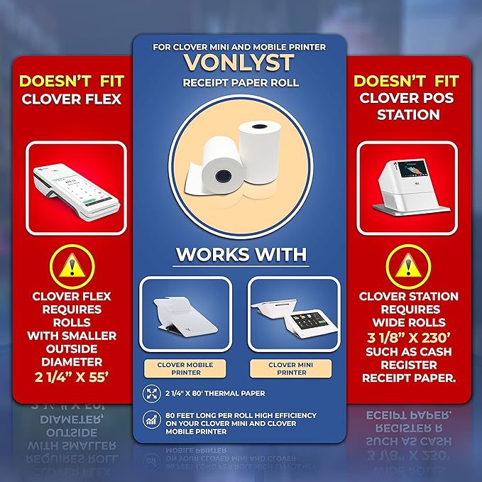 Vonlyst Receipt Paper for Clover Mini and Clover Mobile Thermal Printer 2 1/4 x 80 (40 rolls)
