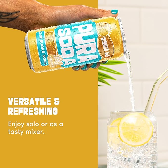 PuraSoda® Ginger Ale Low-Calorie Cane Sugar Soda - Made with Pure Cane Sugar, No Stevia or Artificial Blends - Non-GMO, Vegan, Clean & Refreshing Ginger Soft Drink - 10.1 fl oz Cans, Pack of 24