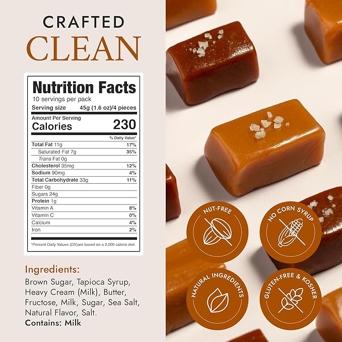 Béquet Assorted Caramels - Gourmet Individually Wrapped Candy Variety Pack - Celtic Sea Salt, Salt Chocolate, Classic Vanilla, Butterscotch, Green Apple, Salted Mocha & Salted Butterscotch - 16 oz Gift Bag