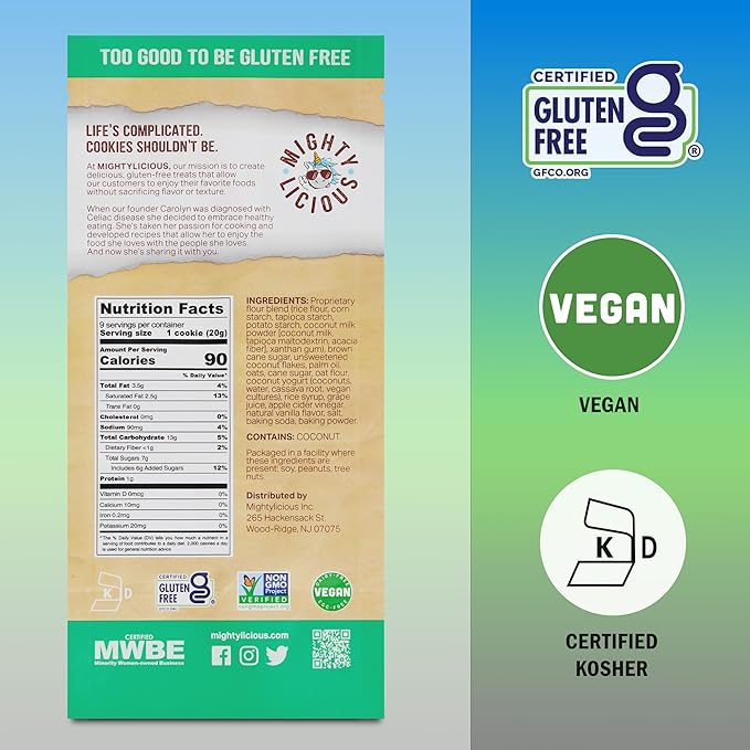MIGHTYLICIOUS Vegan Oatmeal Coconut Cookies – Gluten-Free, Dairy-Free, Allergen Friendly, Egg-Free, Non-GMO, Kosher, Preservative-Free – Snack Option for a Guilt-Free Treat - 6.5 Oz (3 Pack)