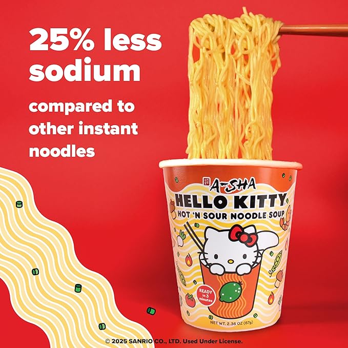 Hello Kitty Instant Ramen Noodle Cup | 6 Pack | Hot and Sour Flavor | Premium Microwaveable Ramen Soup Mix, Asian Snacks