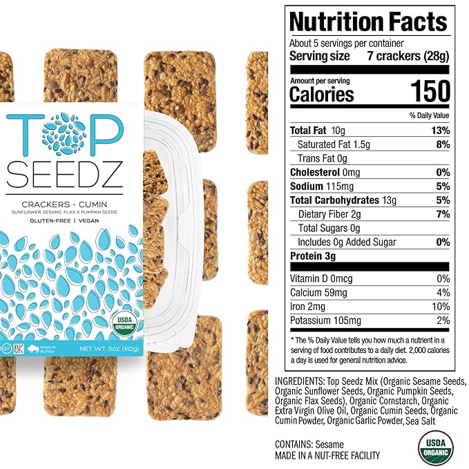 Top Seedz Certified Organic Gluten Free Cumin Seed Crackers | 6-Pack | 5 Ounces | Healthy Vegan Crackers with Plant Based Protein | Made of Sunflower, Flax, Sesame and Pumpkin Seed