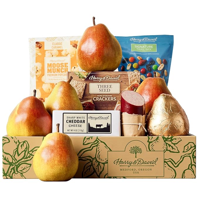 Harry & David Gift Box – Includes Royal Riviera® Pears, Moose Munch® Popcorn, Sharp White Cheddar Cheese, Hickory-Smoked Summer Sausage, Crackers & Trail Mix