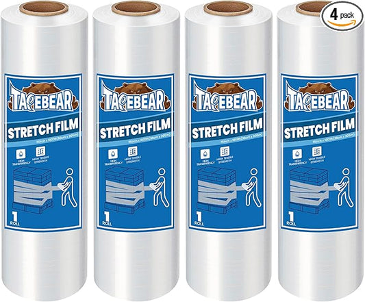 TAPEBEAR 4 Rolls Stretch Wrap Heavy Duty 15" x 1000 Ft, 80 Gauge Industrial Strength Shrink Wrap, High Performance Clear Plastic Wrap Self-Adhering for Furniture Moving, Luggage Packing, Pallet Wrap
